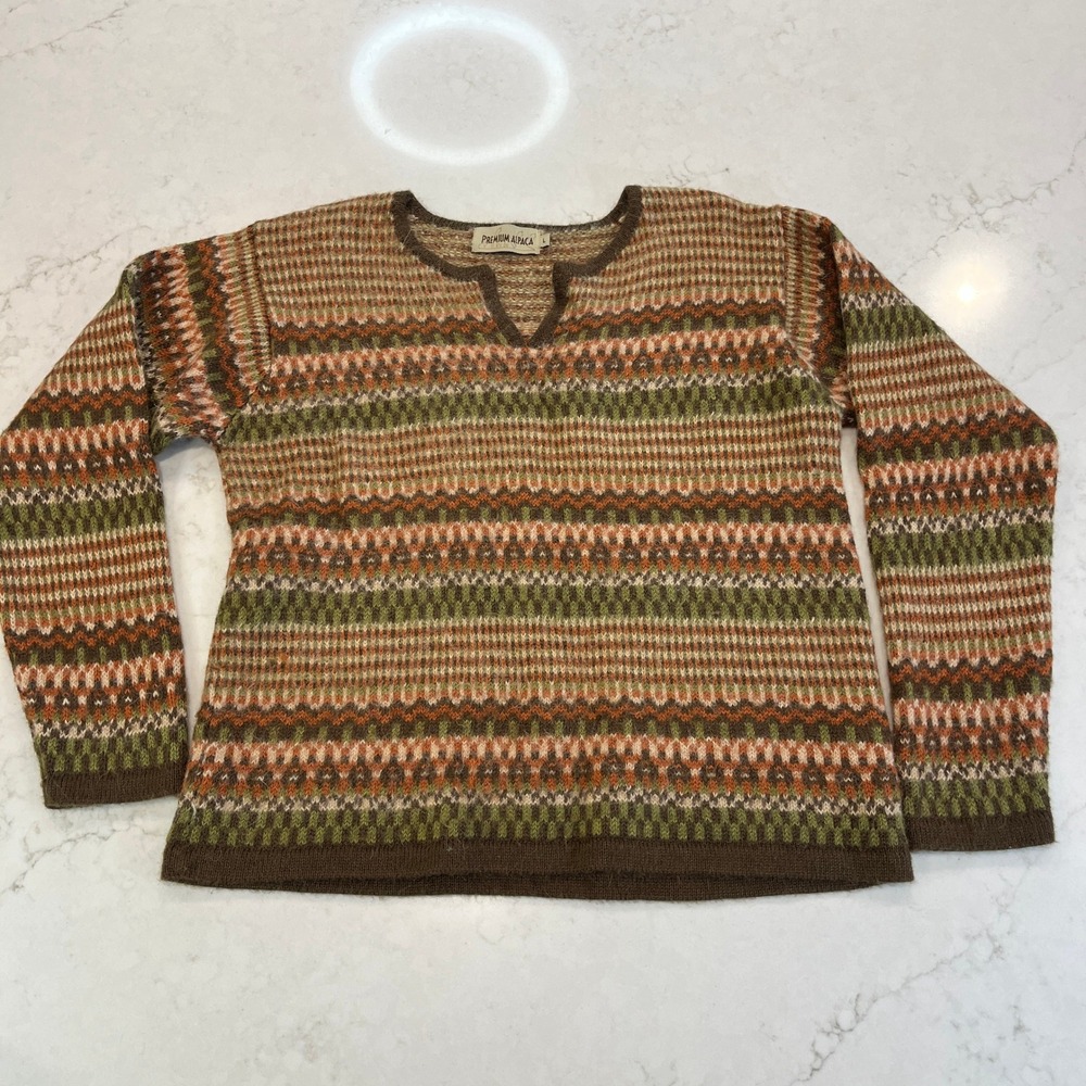 Premium Alpaca Peru‎ 100% Alpaca Sweater Large Brown Green Fair Isle Gorpcore